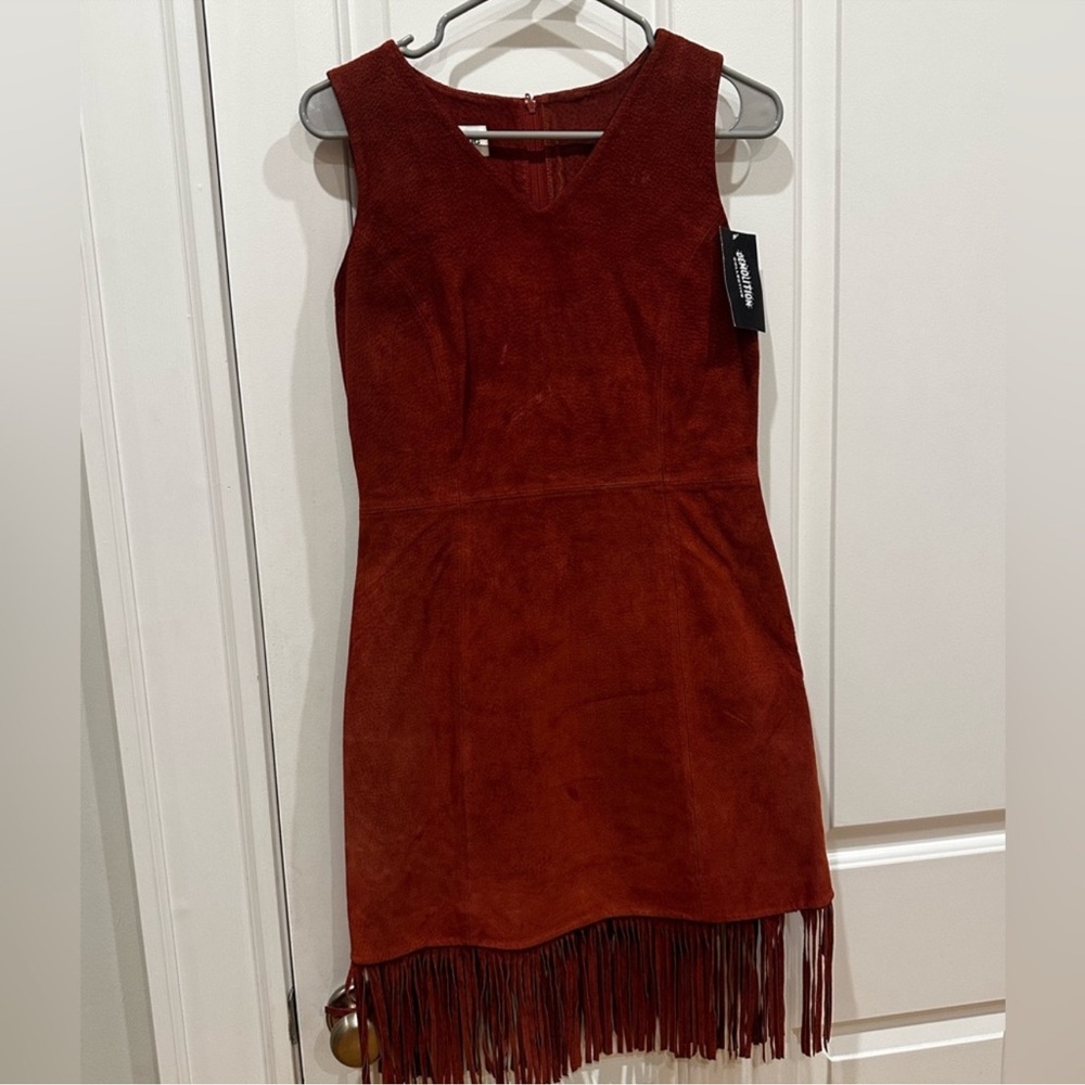 BAGATELLE mini suede dress with fringe, NWT